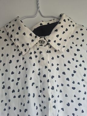 Rachel Zoe White/black Polka Dot Hearts Print Button Up Long Sleeve Collar Shirt
